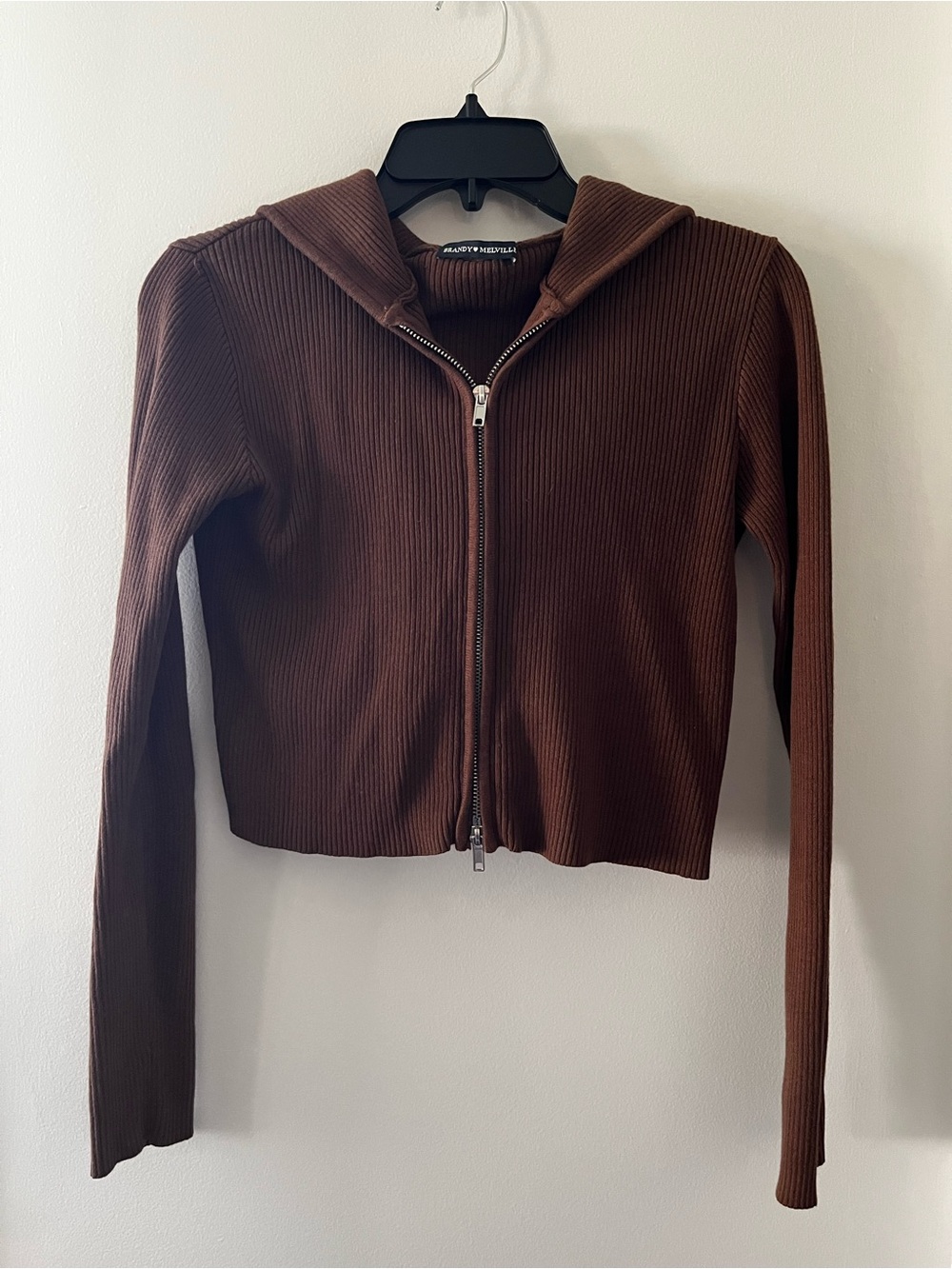 Brandy Melville Chocolate Brown Cropped Ribbed 2 Way Zip Cotton Hoodie